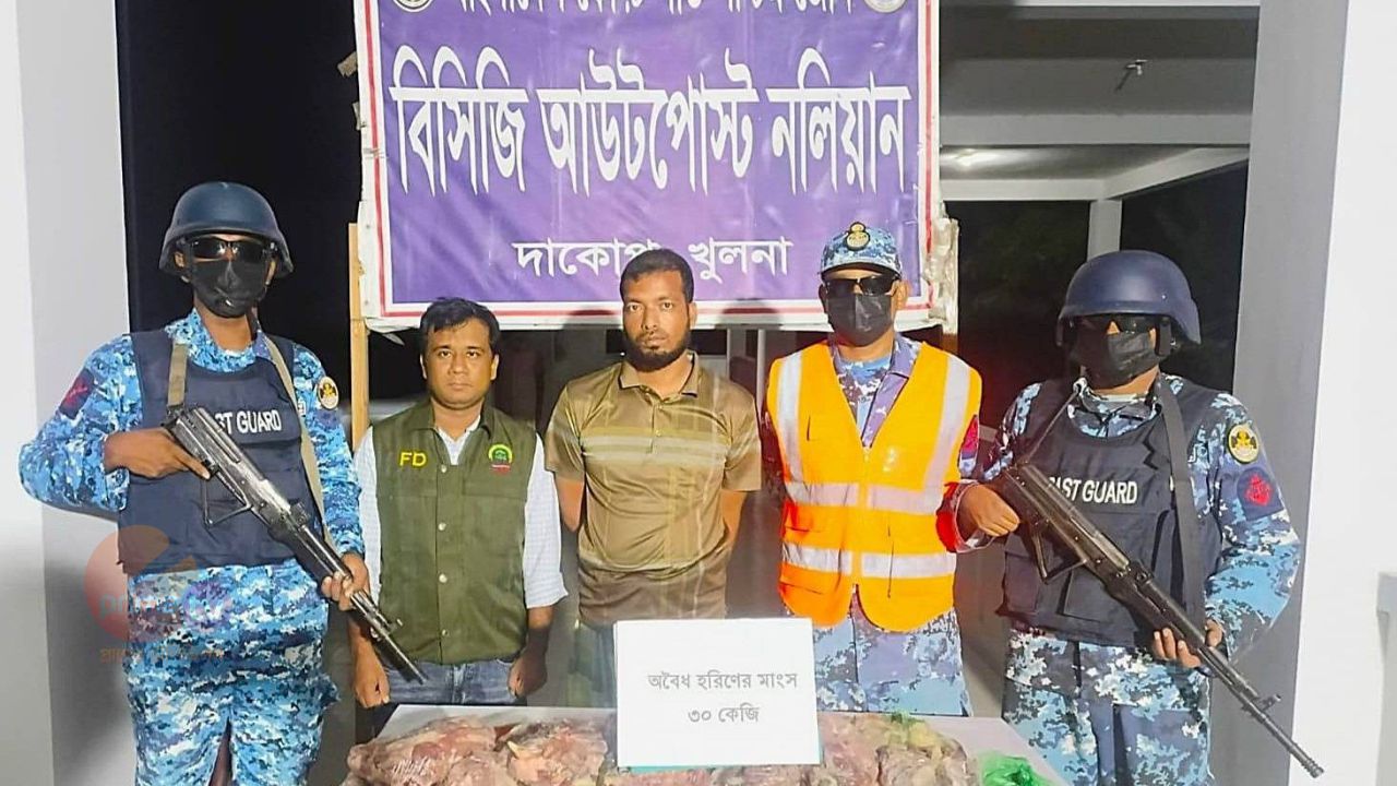 সুন্দরবনের হরিণের মাংসসহ একজন মাংস ব্যবসায়ীকে আটক করেছে কোস্ট গার্ড।